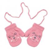 YO! Zimné dievčenské rukavičky so šnúrkou Medvídek - ružové, veľ. 98/104, 98-104 (2-4r)