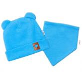 Baby Nellys Rebrovaná dvojvrstvová čiapka s uškami + šatka TEDDY - modrá, 56-62 (0-3m)