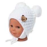 BABY NELLYS Zimná pletená čiapka Teddy Bear na zaväzovanie, biela, smotana, 68/80, (6-12m), 68-80 (6-12m)