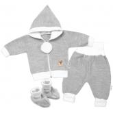 Baby Nellys 3-dielna súprava Hand made, pletený kabátik, kalhoty a topánočky, sivá, 56 (1-2m)