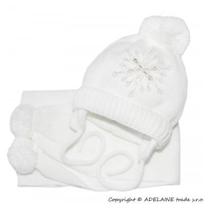 Zimná čiapočka s šálom - Snehová vločka v bielej, 0-6m, Baby Nellys, 56-68 (0-6 m)