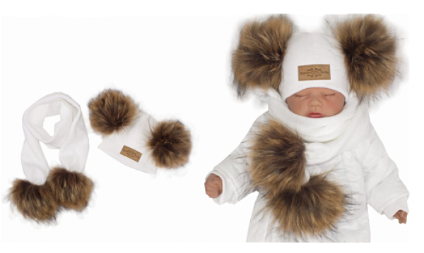 Z & Z Zimná čiapka s brmbolcami z kožušinky a šálom 2v1, biela, 56-68 (0-6 m)